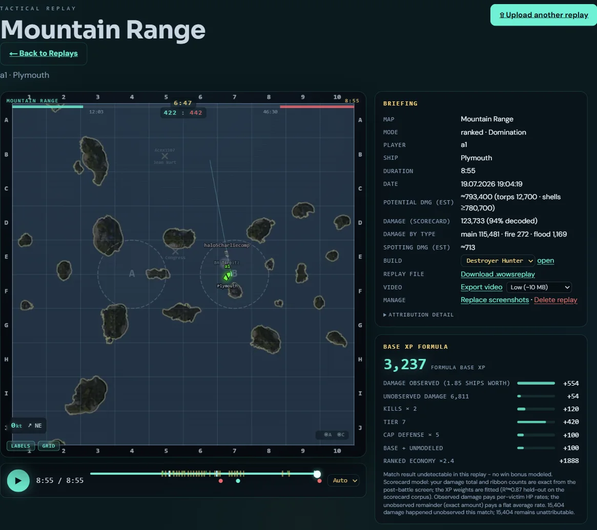 The Debrief viewer: tactical map with ship tracks and cap rings beside the match briefing and the Base XP formula breakdown