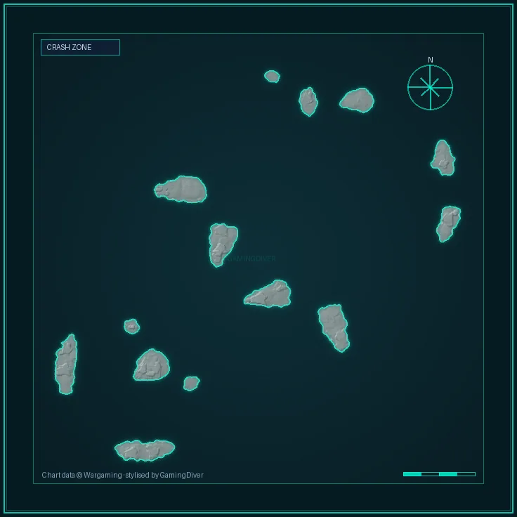 Stylised tactical chart of the Crash Zone map, the 30 km play area used at tier v