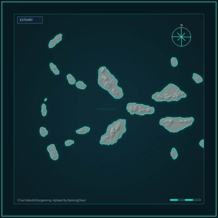 Stylised tactical chart of the Estuary map, the 30 km play area used at tier v-vi