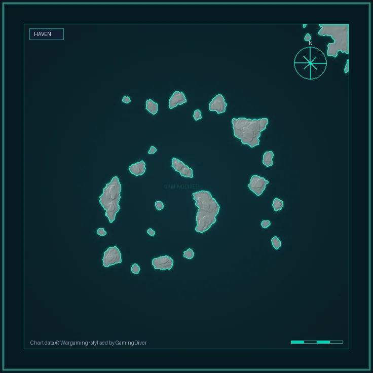 安息の地マップの戦術図（図案化）。tier vii-★で使用される36 kmのプレイエリア