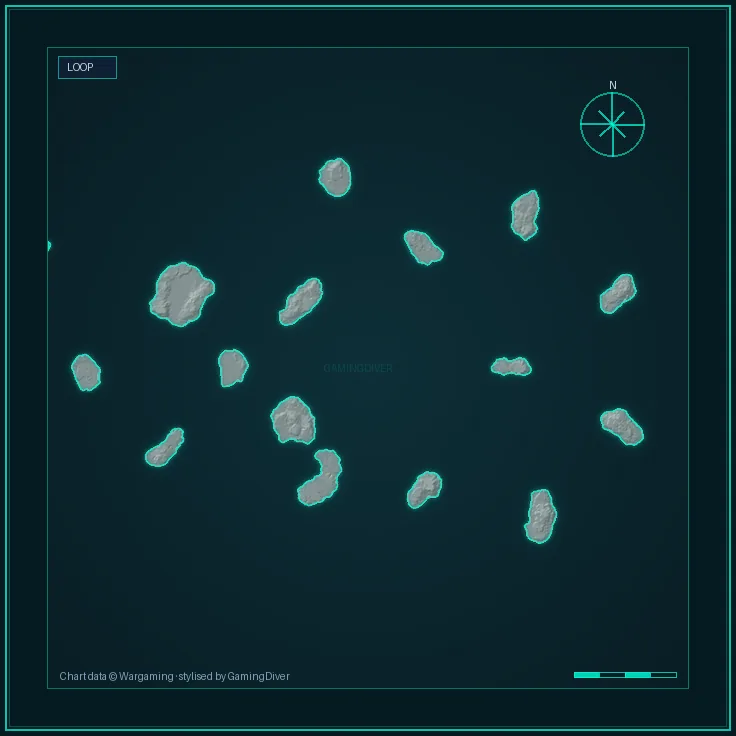 Stylised tactical chart of the Loop map, the 30 km play area used at tier v-vi